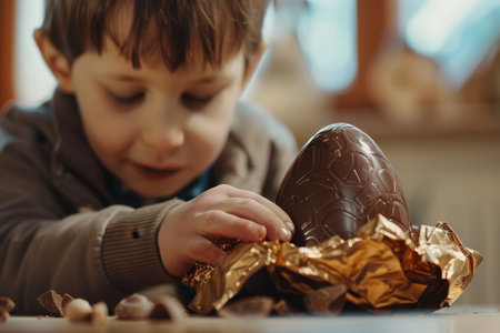 A Child's Delight: Peeling Back the Foil to Discover the Chocolate Easter Egg Hidden Withinの素材
