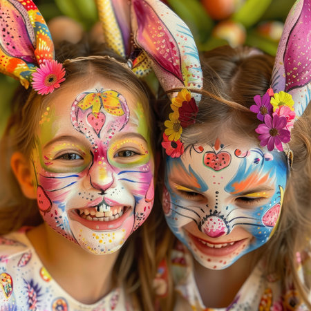 Children's Faces Transformed into Easter Masterpieces with Bunnies and Bloomsの素材