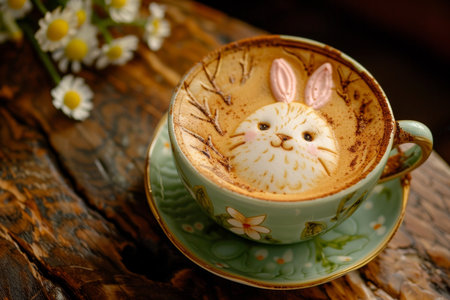 Sipping on Spring: Delightful Bunny and Egg Designs Swirled into Your Morning Latteの素材