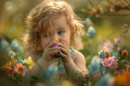 The Excitement of a Little One Finding Their First Easter Egg in a Blooming Gardenの素材