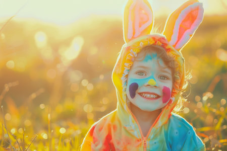 Spring Delight: Youngster with Bunny Face Paint Enjoying the Easter Festivities in the Gardenの素材