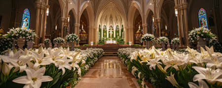 An Enchanting Wide-Angle Shot Capturing the Essence of Easter with Lilies Filling a Church's Sacred Spaceの素材