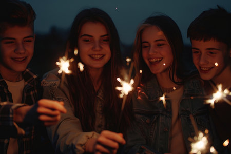 Easter Evening Fun: Teen Friends Light Up the Night with Sparklers as Dusk Sets Inの素材
