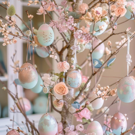 The Enchanted Spring: A Pastel Easter Tree Festooned with Charming Ornaments and Easter Joyの素材