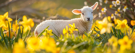 An Easter Morning Scene: A Playful Lamb Surrounded by Blooming Daffodilsの素材