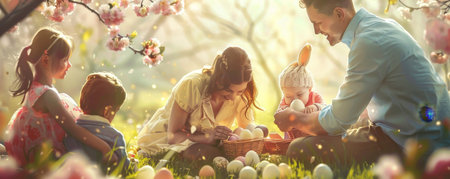 Easter Delight: A Family's Springtime Celebration Surrounded by Blossoming Trees and Colorful Eggsの素材