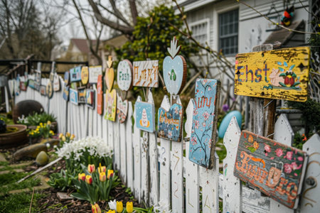 Hand-Crafted Wooden Signs and Plaques with Easter Motifs Adorning a Charming White Picket Fenceの素材