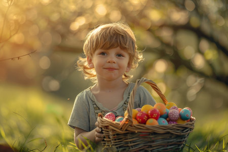 Exciting Easter Egg Hunt: A Little Boy's Delight in Finding Hidden Treasures in the Backyardの素材