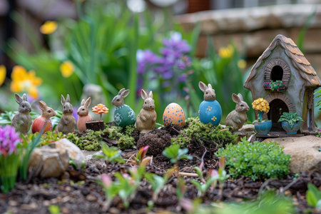 Enchanting Easter Miniature World: Tiny Egg Houses and Playful Bunnies in a Fairy Gardenの素材