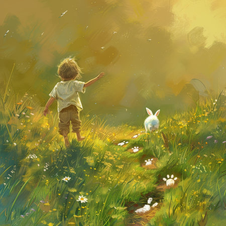 A Young Explorer on an Easter Quest: Discovering Bunny Tracks in the Fresh Morning Dewの素材