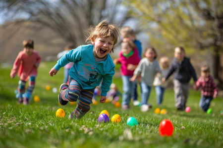Joyful Kids Engaging in a Traditional Egg Rolling Contest Amidst the Fresh Blossoms of Springの素材