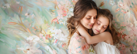 Easter Elegance: A Serene Portrait of a Mother and Daughter in Harmonious Pastel Surroundingsの素材