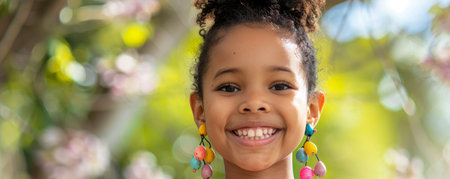 A Cheerful Young Girl Flaunts Her Unique Handmade Easter Egg Earrings at the Family Gatheringの素材