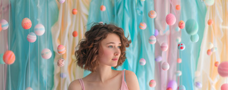 Celebrating Spring Solo: A Peaceful Portrait Amidst a Cascade of Easter Egg Garlandsの素材