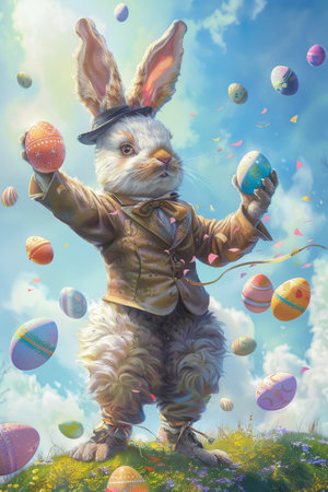 Easter Magic in the Air: A Playful Bunny Magician Amazes with Eggs Galoreの素材