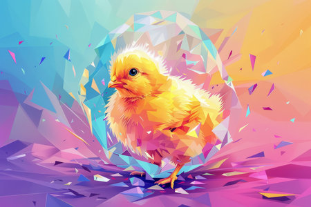 Spring's New Beginnings: A Colorful Chick Hatches from a Geometric Egg on Easterの素材