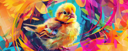 Spring's Festive Spirit: A Cute Chick Amidst a Whirl of Colorful Abstract Patterns for Easterの素材