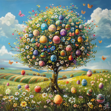Magical Spring Orchard: An Abstract Tree Bursting with Colorful Easter Egg Fruitsの素材