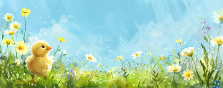 Easter Adventures: A Fluffy Chick Wanders Among Fresh Spring Daisiesの素材