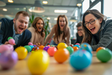 Office Easter Fun: Colleagues Bonding Over a Spirited Hunt for Colorful Eggs Among Workstationsの素材