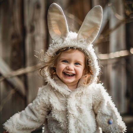 The Essence of Easter Joy: A Little One's Laughter While Wearing a Bunny Outfitの素材