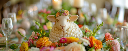 An Exquisitely Crafted Lamb-Shaped Marzipan, Surrounded by a Halo of Spring Blooms, Ready to Grace Your Easter Tableの素材