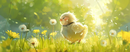 Easter Joy Captured: Fluffy Chick and the First Dandelion of Springの素材