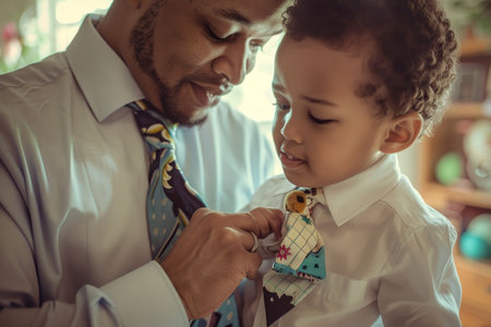 Easter Traditions Renewed: The Tender Moment of a Father Passing Down the Skill of Tie-Tying to His Sonの素材