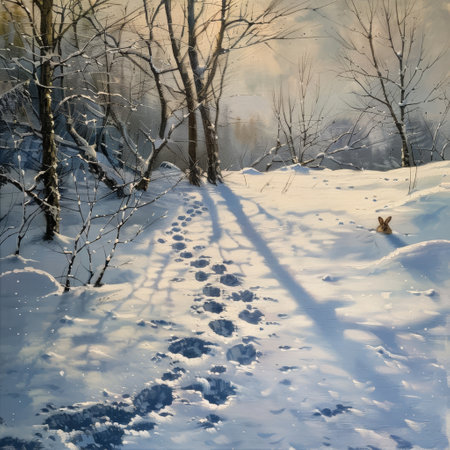 Following the Fluffy Trail: The Enchanting Tale of Bunny Tracks in the Snowy Forestの素材