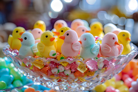 Pastel Marshmallow Chicks Gathered in a Sparkling Candy Dish: A Festive Easter Treatの素材