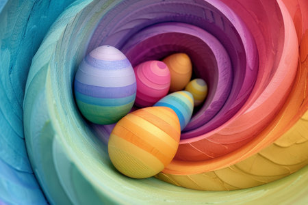 Gathering in Unity: A Festive Easter Illustration with Pastel Concentric Circles Representing Togethernessの素材