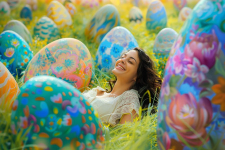 Spring Festivities Unfold: Cheerful Woman Surrounded by a Vibrant Collection of Massive Easter Eggsの素材