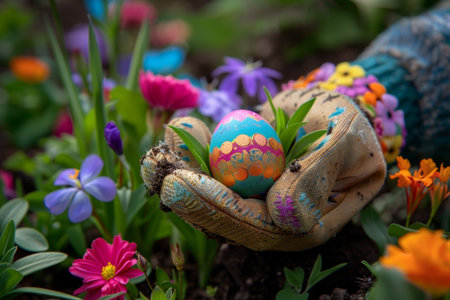 Easter Egg Hunt with a Twist: A Vibrant Egg Concealed in a Gardening Glove Amidst Blooming Flowersの素材