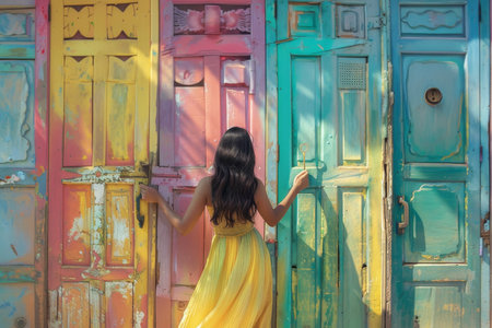 Unlocking the Secrets of Spring: A Woman's Quest Among Vibrant Easter Doorsの素材