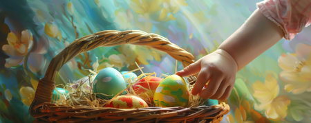 Celebrating Spring with Color: A Youngster's Hand Adds a Painted Egg to an Easter Basket Full of Vibrancyの素材