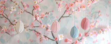 Easter Elegance: Intricate Pastel Macrame Eggs Nestled Among Blooming Spring Floralsの素材