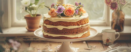 A Festive Easter Treat: Gourmet Carrot Cake with Floral Accents, Elegantly Served on a Classic Cake Standの素材