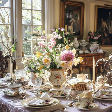 Easter Morning Elegance: A Table Set to Perfection for a Festive Spring Breakfastの素材