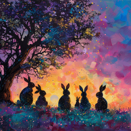Easter Enchantment: The Shadow Dance of Bunnies in a Moon-kissed Meadow Brimming with Colorful Eggsの素材