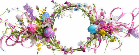 Spring's Embrace: A Handcrafted Floral Wreath with Colorful Easter Eggs and Dancing Ribbonsの素材