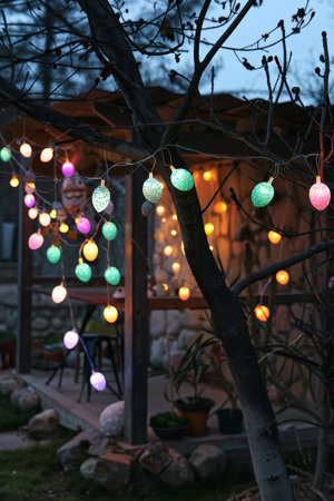 Colorful Easter Egg Fairy Lights Twinkling in a Secret Garden Soireeの素材