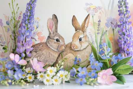 Spring's Palette: Delicate Florals and Joyful Rabbits on Custom Easter Watercolor Cardsの素材