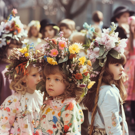 Easter Parade Elegance: Kids in Colorful Floral Crowns Celebrating Spring's Arrivalの素材
