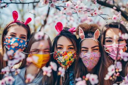 Spring Celebrations Reimagined: A Close-Knit Group of Friends Wearing Easter Bunny Masks and Enjoying the Holiday Togetherの素材