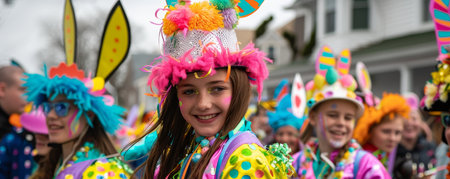 Easter Merriment in the Heart of the Community: A Small Town's Parade with Floats, Music, and Danceの素材