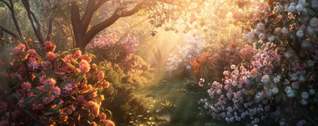 Awakening to Easter: A Serene Sunrise Illuminates the Blooming Spring Gardenの素材