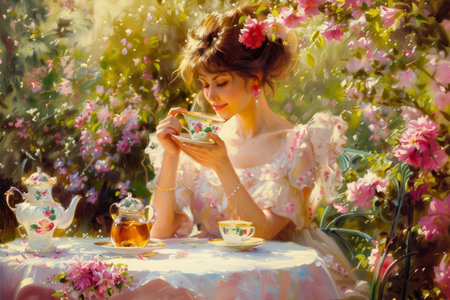 A Peaceful Easter Retreat: Woman Lost in the Bliss of Her Garden, Tea in Hand, as Spring Unfolds Around Herの素材