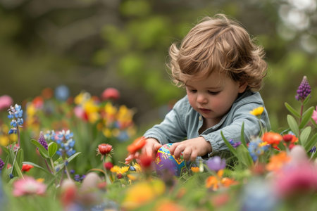 A Child's Pure Happiness Unveiled as They Unearth a Hidden Easter Treasure Among Flowersの素材