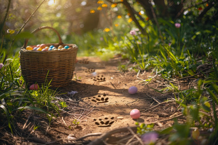 A Surprise Journey on Easter Day: Tracing Small Bunny Tracks to Unveil a Basket Overflowing with Festive Delightsの素材