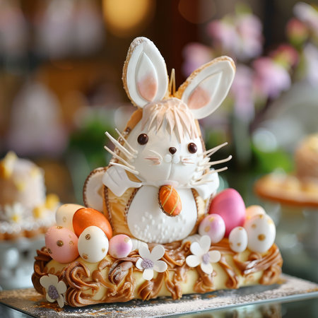 Celebrating Spring with a Sweet Touch: A Close Look at an Easter Pastry's Bunny-Shaped Decorationの素材